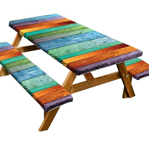 Passgenaue Picknicktischabdeckung mit Bänken, Picknicktischabdeckung, 3 Stück, 2,4 m, wasserdicht, rundum, elastisch, Holzmaserung, für Outdoor, Picknick, Grillen, Camping, Party (Farbe 10, 3 Set) von KXWDKJ