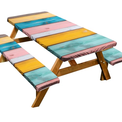 Passgenaue Picknicktischabdeckung mit Bänken, Picknicktischabdeckung, 3 Stück, 2,4 m, wasserdicht, rundum, elastisch, Holzmaserung für Outdoor, Picknick, Grillen, Camping, Party (Farbe 02, 4 Set) von KXWDKJ