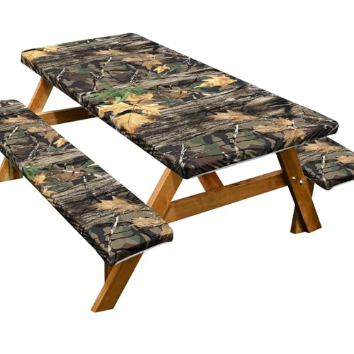 Passgenaue Picknicktischabdeckung mit Bänken, Picknicktischabdeckung, 3 Stück, 2,4 m, wasserdicht, rundum, elastisch, Holzmaserung für Outdoor, Picknick, Grillen, Camping, Party (Farbe 03, 4 Set) von KXWDKJ