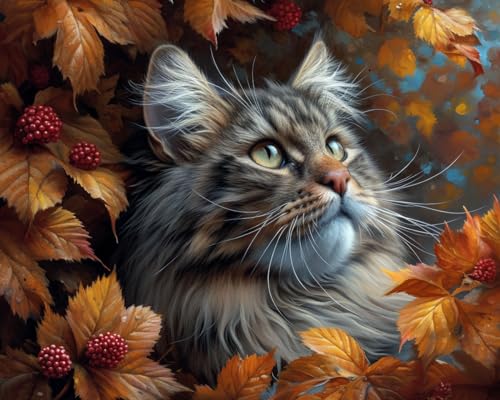 Stickset für Anfänger, verspieltes Maine Coon in Blättern, DIY-Designs, Kreuzstich, einfache Zubehör, Nadelspitze, Stickerei, Geschenk für Heimdekoration, 40,6 x 50,8 cm Stickset für Anfänger, verspieltes Maine Coon in Blättern, DIY-Designs, Kreuzstich, einfache Zubehör, Nadelspitze, Stickerei, Geschenk für Heimdekoration, 40,6 x 50,8 cm von KY-link