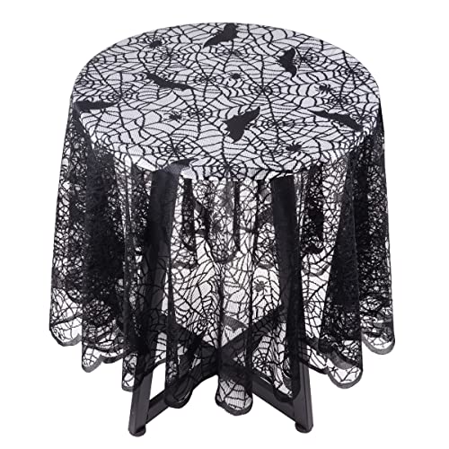 KYEYGWO Schwarz Spitze Tischdecke mit Gotisches Spinnennetz Muster, Halloween Tischwäsche Round Tischtuch Spinne und Fledermaus Tischdeko für Party Allerheiligen Decor 175 cm von KYEYGWO