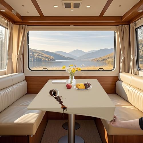 KYJSW 2 Stück Wasserdicht Tischdecke für Camping, PU-Leder Elastische Tischtücher mit 4 Krawatten, rutschfest Wohnwagen Dinette Tischtuch (Beige,60x120 cm/24x47 in) von KYJSW