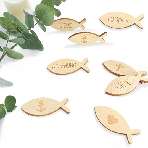 100 Stück Fische Streudeko Taufe,Konfirmation Streudeko Kommunion Holzfische Deko Konfetti Kommunion Tischdeko Konfirmation für Junge Mädchen Erstkommunion Firmung Babyshowerparty Taufdeko Zubehör von KYOEOE