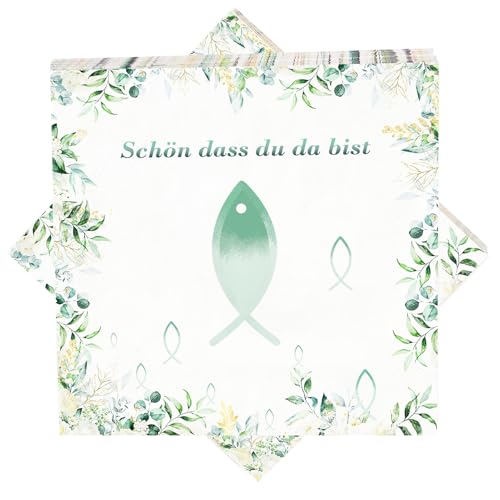 Servietten Fisch Eukalyptus,40 Stück Kommunion Servietten Taufe Deko,3-Lagig Papierservietten "Schön Dass Du Da Bist!" Konfirmation Tischdeko Fische Taufdeko Mädchen Junge - 33x33 cm Servietten Fisch Eukalyptus,40 Stück Kommunion Servietten Taufe Deko,3-Lagig Papierservietten "Schön Dass Du Da Bist!" Konfirmation Tischdeko Fische Taufdeko Mädchen Junge - 33x33 cm von KYOEOE