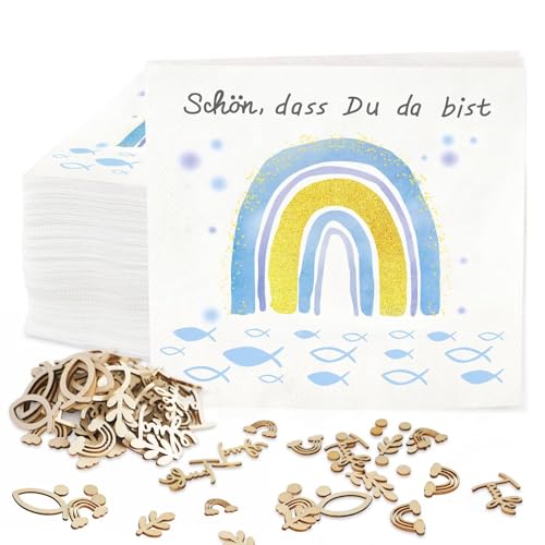 Servietten Konfirmation Regenbogen Fisch,36 Stk Servietten Taufe Deko Junge+60 Stk Holz Fische Tischdeko,'Schön, dass du da bist!' Servietten Kommunion Deko Set Erstkommunion Taufdeko,33 x 33cm von KYOEOE