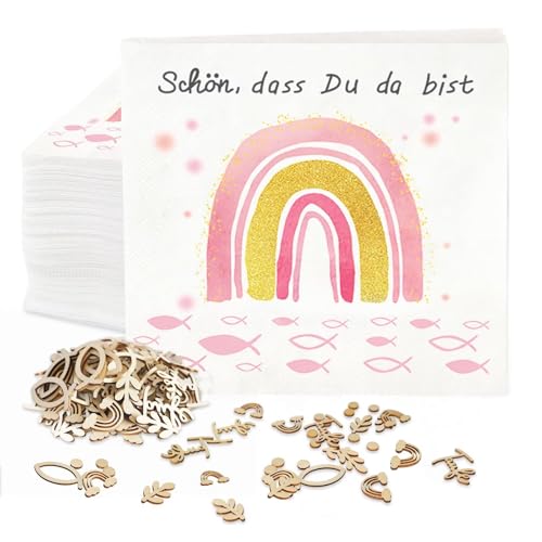Servietten Konfirmation Regenbogen Fisch,36 Stk Servietten Taufe Deko Mädchen+60 Stk Holz Fische Tischdeko,'Schön, dass du da bist!' Servietten Kommunion Deko Set Erstkommunion Taufdeko,33 x 33cm von KYOEOE