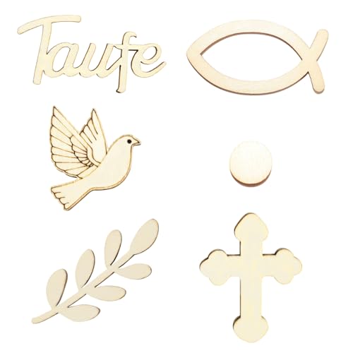 Streudeko Taufe Set,60 Stück Kommunion Streudeko Konfirmation Holzfische Deko Firmung Konfetti Tauben für Kommunion Tischdeko Taufe Deko Konfirmation Junge Mädchen Babyshowerparty Party Zubehör von KYOEOE