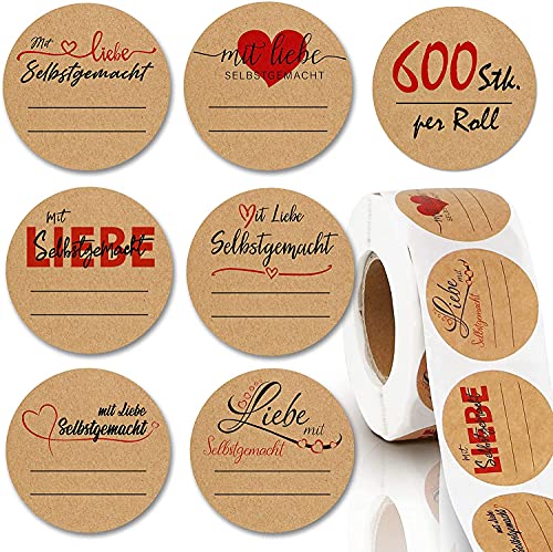 KYONANO 600 Etiketten Selbstklebend, Aufkleber zum Beschriften ∅38mm, Kraftpapier Etiketten|Mit Liebe Selbstgemacht|Klebeetiketten, Aufkleber Sticker Selbstgemacht für Gläser, Marmeladen, Verpackung von KYONANO