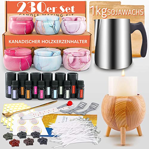 KYONANO Kerzen Selber Machen, Kerzen Set 233er, inkl.Dochte für Kerzen, Schmelzschale, Wachs, Kerzendose, Kerzenhalter, Dochtehalter, Kerzenaufkleber, Thermometer, Duftöl,Farbstoff,Warnschilder,Löffel von KYONANO