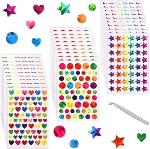 3420-teiliges buntes selbstklebendes Etiketten-Aufkleber-Set (je 20 Seiten Herz/Kreis/Stern) und 1 Pinzette von KYRYD