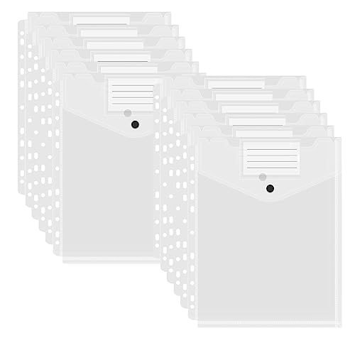 12 pack Dokumententasche A4, Transparent Kunststoff Sammelmappen mit 11 Lochrand und Etikettentasche, Sichttasche Dokumenten Mappen Brieftaschen mit Druckknopf für Lernmaterialien, Bürodokument von KYSUN