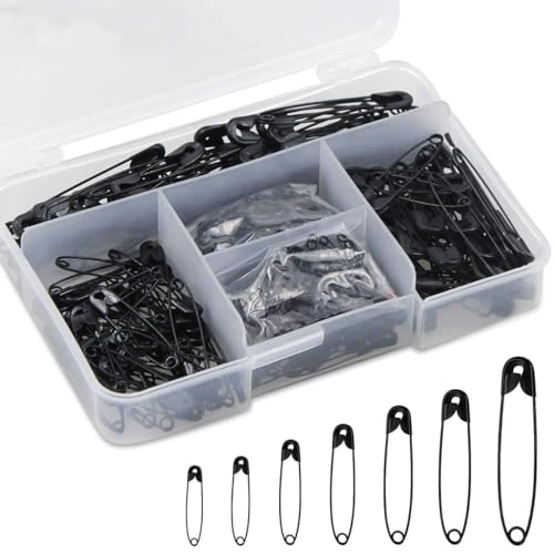 350 Stück Sicherheitsnadeln Set - 7 Verschiedenen Größen Sicherheitsnadeln mit Box Fingerschutz, Metall Sicherheitsnadel für Kleidung Kunsthandwerk Nähen DIY und Schneiderei von KYSUN