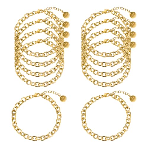 KYUNHOO 10 Stück 17,5 cm vergoldete Schmuckketten für die Herstellung von Armbändern, Edelstahl-Ketten-Armbänder, Set mit Karabinerverschlüssen, verstellbare Verlängerung von KYUNHOO