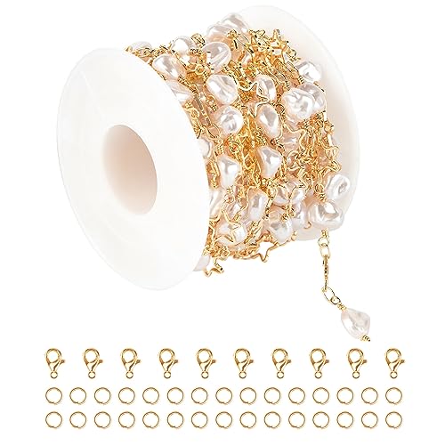 KYUNHOO Schmuckkette aus vergoldetem Messing, 4,5 m, Rolle, unregelmäßige Perlen, hohle Sterne, Kette für Damen, Halskette, Armband, DIY, mit Karabinerverschlüssen und Binderingen von KYUNHOO
