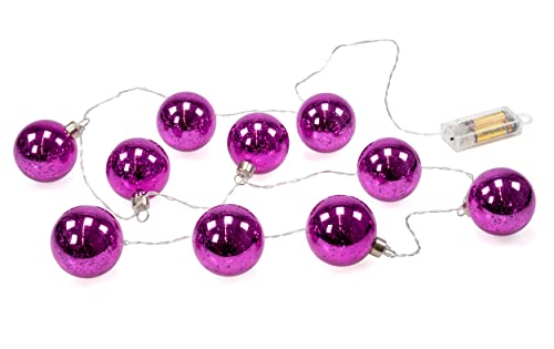 LED Lichterkette mit 10 beleuchteten Weihnachtskugeln aus Glas mit Muster, Gesamtlänge ca. 180 cm, batteriebetriebene Girlande mit Timer (pink) von KaMel GmbH