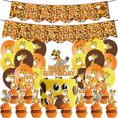 Giraffen Geburtstag Dekorationen，32 Tier Thema Geburtstagsfeier Partydekoration Giraffen Balloon Happy Birthday Banner Cake Topper für Jungen Tierische Geburtstag Party Deko von KaMnik