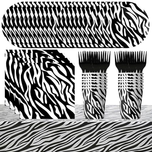 KaMnik 81pcs Zebra Druck Party Supplies,Zebra Dschungel Set,Animal Print Party Zubehör,Für Kindergeburtstag Party Zebra-Druck Servietten Teller Tassen Und Tischdecke(Für 20 Personen) von KaMnik