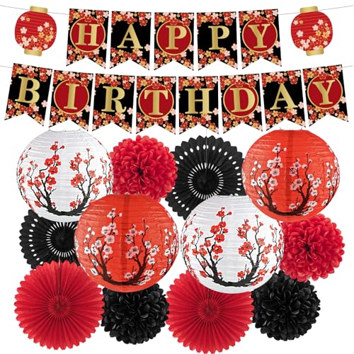 Hibachi-Party-Dekorationen, japanische Laternen mit Kirschblüten-Muster, Seidenpapier-Pompons, runde Papierfächer, Happy Birthday-Banner-Set für japanische Hibachi-Party-Dekorationen, 14 Stück Hibachi-Party-Dekorationen, japanische Laternen mit Kirschblüten-Muster, Seidenpapier-Pompons, runde Papierfächer, Happy Birthday-Banner-Set für japanische Hibachi-Party-Dekorationen, 14 Stück von KaTiSeMo