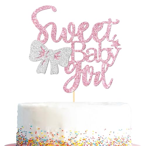 Süßer Tortenaufsatz für Mädchen, mit Fliege, Motiv Neugeborene, zum 1. Geburtstag, 1. Geburtstag, Babyparty-Dekoration, rosa Glitzer von Kaakswa