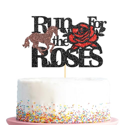 Tortenaufsatz "Run for the Roses", Pferderennen-Thema, Rosen, glitzernd, Kuchendekoration, Reitschild, Party-Dekoration, Zubehör, schwarzer Glitzer von Kaakswa