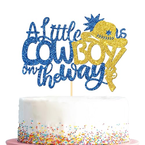 Tortenaufsatz mit Aufschrift "A Little Cowboy Is On The Way", Western-Cowboy-Thema, Babyparty-Zubehör, Hut und Stiefel, Partyzubehör, blauer Glitzer von Kaakswa