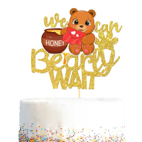 We Can Bearly Wait Tortenaufsatz, brauner Teddybär-Thema, Geschlechtsoffenbarung, Geburtstagsparty-Dekorationen, Bär, Babyparty, Dekorationen für Jungen und Mädchen, goldfarbener Glitzer von Kaakswa