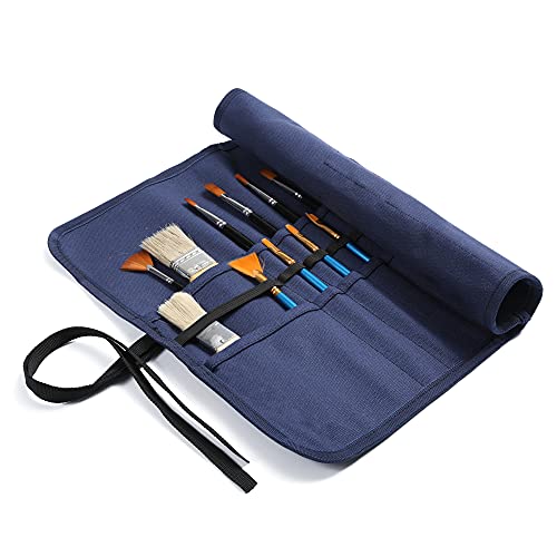 Kaaltisy 22 Slots Pinseltasche, Stiftrolle für Gouachestift, Aquarellstift, Acrylstift, 16OZ Gewachstes Segeltuch Pinsel Tasche Malerei - Blau von Kaaltisy