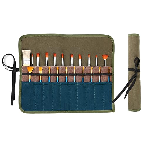 Kaaltisy Künstler-Pinselrolle, Pinselbox aus 16oz gewachstem Segeltuch, Robust Pinsel rolle Stifterolle, Tragbares 20-Loch-Etui - Armeegrün - 43cm x 33cm von Kaaltisy