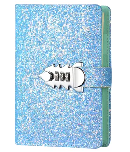 Kabelife A6 Nachfüllbares Binder-Notizbuch PU-Leder Tagebuch Glitzer Notizblock mit Code-Schloss Stifthalter und Kartenfächern(Blau) von Kabelife