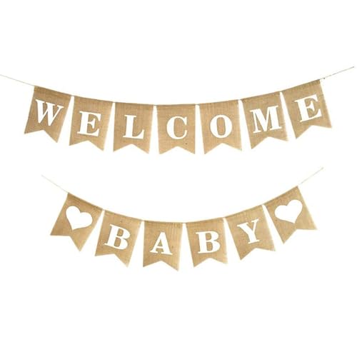 Kabwea Willkommens-Baby Wimpelkette Aus Jute, Für Mädchen Und Jungen Babyparty, Rustikales Design Mit Weißen Herzen, Hochwertige Und Nachhaltige Dekoration von Kabwea