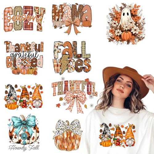 Kaciola 9 Bögen Herbst-Bügelbilder, Kürbis-DTF-Transfers, bereit zum Drücken, Erntedankfest, Herbstaufkleber, zum Aufbügeln für T-Shirts, Hoodie, DIY-Handwerk von Kaciola