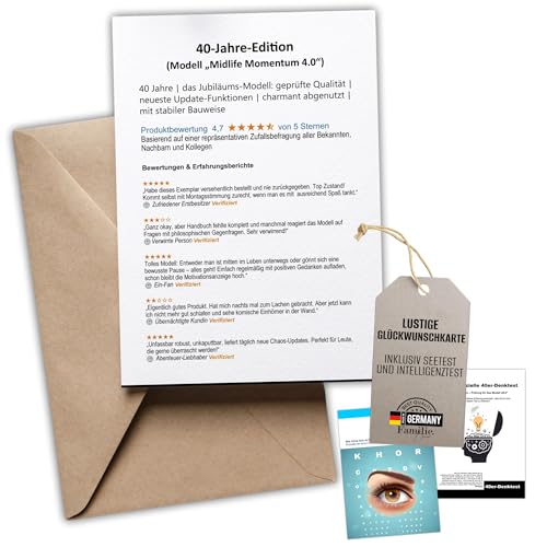 Lustige 40. Geburtstagskarte | Humorvolle Karte mit gratis Sehtest & IQ-Test | Hochwertiger Druck, Umschlag inklusive | Witzige Geschenkidee zum 40. Geburtstag für Männer & Frauen Glückwunschkarte Lustige 40. Geburtstagskarte | Humorvolle Karte mit gratis Sehtest & IQ-Test | Hochwertiger Druck, Umschlag inklusive | Witzige Geschenkidee zum 40. Geburtstag für Männer & Frauen Glückwunschkarte von Kackspecht