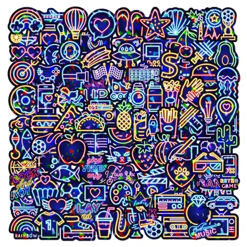 100 Stück Neon Aufkleber Holografische Sticker Set, Coole Wasserfeste Vinyl Graffiti Decals für Laptop Skateboard Scrapbook Trinkflasche MacBook iPad Handy Moped Fahrrad Koffer von Kaderas