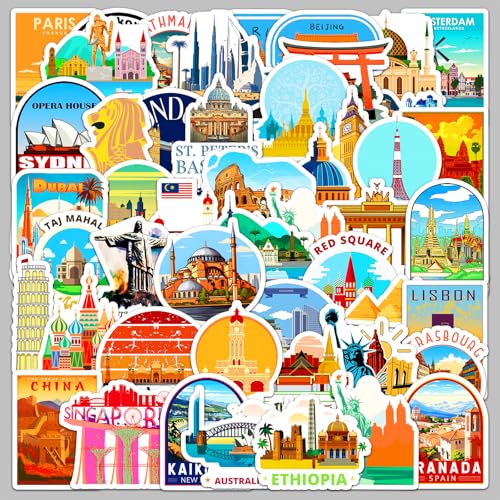 50 Stück Reise Sticker Set, Klein Vintage Retro Aufkleber für Scrapbook Laptop Koffer Helm Fahrrad Motorrad Skateboard Helm Auto von Kaderas