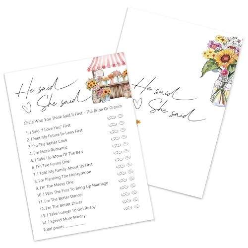 Kaderas Hen Party Games Cards, He Said She Said Funny Party Accessories, 30 Bridal Shower Games Cards (Sun Flower) von Kaderas