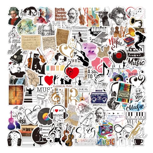 Musik Sticker Musiker Aufkleber 100 Stück, Musiknoten Instrumente Wasserfeste Vinyl Stickers für Scrapbook Laptop Skateboard Koffer Helm (Musik) von Kaderas