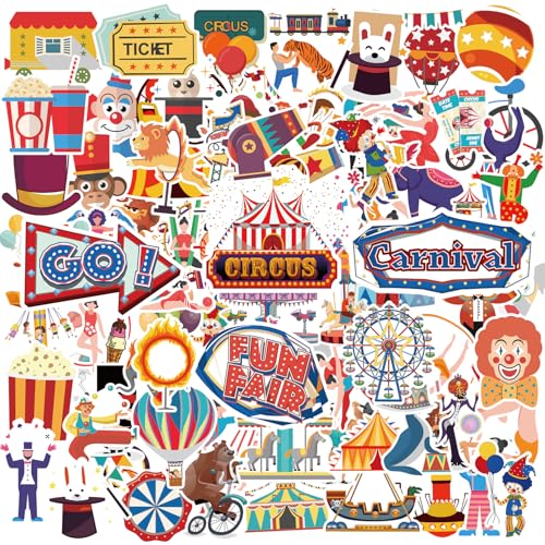 Zirkus Sticker 100 Stück, Aufkleber Wasserfest Vinyl für Kinder Geburtstag Party Deko, als Geschenk Mitgebsel Lernbelohnungen von Kaderas
