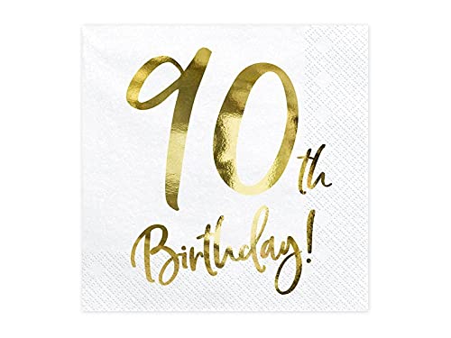 Set mit 20 Papierservietten 90 Jahre weiß mit goldfarbener Aufschrift in Metallic-Optik 33 x 33 cm – Glückwunschkarte Party Geburtstag Accessoires Tisch Happy Birthday 90. Neujahr. von PartyDeco
