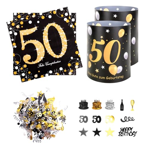 50 Geburtstag Deko, 20 Stück Servietten + 12 Stück Windlicht Tischdeko + 100 Stück Konfetti, Deko 50. Geburtstag Mann Frau Schwarz Gold 50 Geburtstag Deko, 20 Stück Servietten + 12 Stück Windlicht Tischdeko + 100 Stück Konfetti, Deko 50. Geburtstag Mann Frau Schwarz Gold von Kaempe
