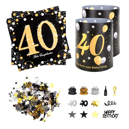 Dekoration zum 40. Geburtstag, für Männer und Frauen, 20 Servietten zum 40. Geburtstag, 12 Laternen-Tischdekorationen + 100 Konfetti, Tischdekorationen zum 40. Geburtstag, Schwarz und Gold Dekoration zum 40. Geburtstag, für Männer und Frauen, 20 Servietten zum 40. Geburtstag, 12 Laternen-Tischdekorationen + 100 Konfetti, Tischdekorationen zum 40. Geburtstag, Schwarz und Gold von Kaempe