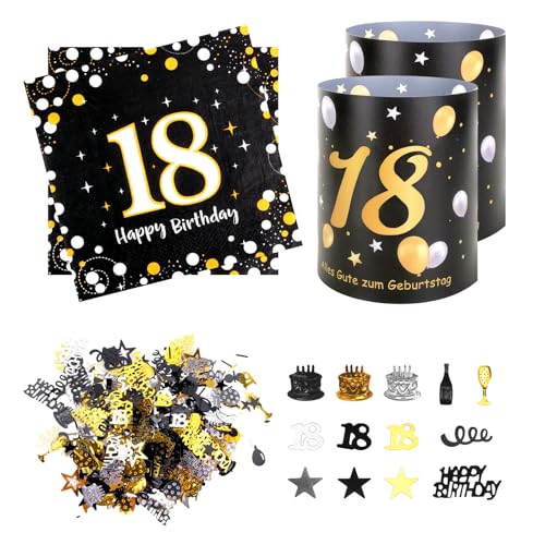 Dekorationen zum 18. Geburtstag, 20 Stück Servietten zum 18. Geburtstag + 12 Stück Laternen-Tischdekoration + 100 Stück Konfetti, Tischdekorationen zum 18. Geburtstag, Schwarz und Gold Dekorationen zum 18. Geburtstag, 20 Stück Servietten zum 18. Geburtstag + 12 Stück Laternen-Tischdekoration + 100 Stück Konfetti, Tischdekorationen zum 18. Geburtstag, Schwarz und Gold von Kaempe