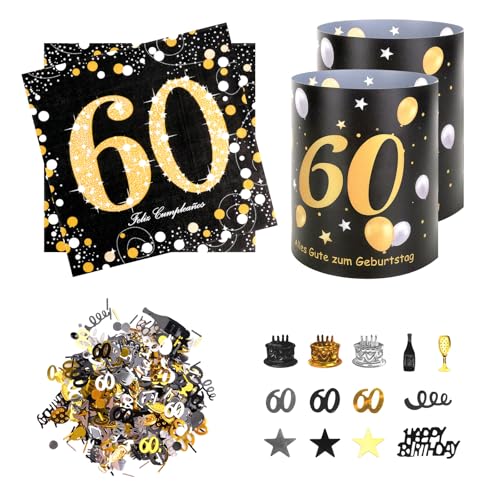 Dekorationen zum 60. Geburtstag für Männer und Frauen, 20 Servietten zum 60. Geburtstag + 12 Laternen-Tischdekorationen + 100 Konfetti, Tischdekoration zum 60. Geburtstag, Schwarz und Gold Dekorationen zum 60. Geburtstag für Männer und Frauen, 20 Servietten zum 60. Geburtstag + 12 Laternen-Tischdekorationen + 100 Konfetti, Tischdekoration zum 60. Geburtstag, Schwarz und Gold von Kaempe