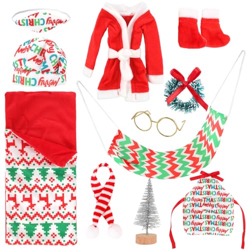Elfen-Puppen-Zubehör, Requisiten, Kleidung, Idee für freche Elfen, Schlafsack-Set mit weihnachtlichem kariertem Schlafsack, Bademantel, Brille, Schürze, Regal-Set für Elfenpuppen-Dekorationen, 11 von Kaempe