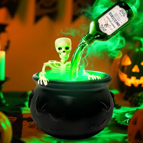 Halloween Deko Hexenkessel mit Nebelmaschine, Kunststoff Schwarzer Hexenkessel mit Schwebenden Zaubertränke & Skelett, Leuchtend Halloween Deko Innen Outdoor Partys Dekoration (L-30cm) von Kaezuy