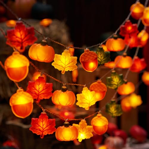 Herbst Deko Lichterkette Batteriebetrieben, 3M 20LED Ahornblatt Kürbis Eichel Lichterketten, Ahornblatt Fairy Lights mit Warmlicht für Herbstdeko Erntedankfest Thanksgiving (3M 20LED) von Kaezuy