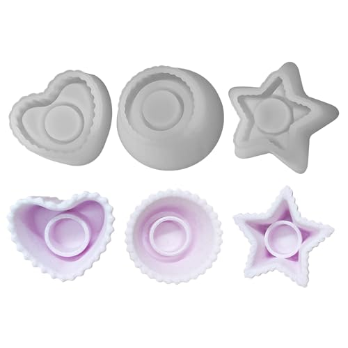 Silikonform Kerzenhalter Gießform Stabkerzenhalter, Silikonformen Gießformen Teelichthalter, Silikon Beton Kerzenständer DIY Rund Stern Herz Formen für Stabkerzen und Teelichter (3PCS) von Kaezuy