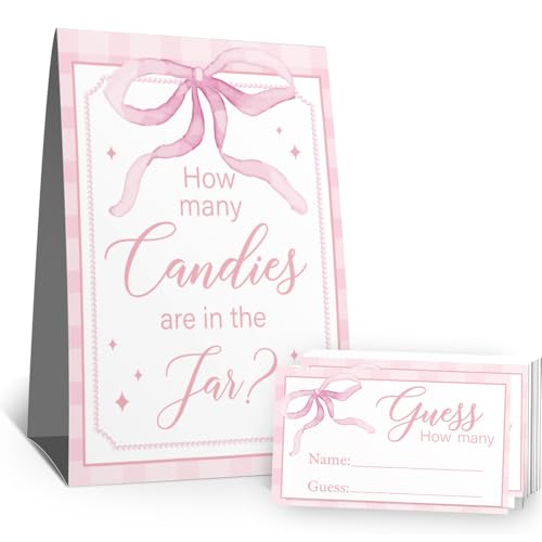 Guess How Many Candies Schild (1 stehendes Schild, 50 Ratekarten), rosa Schleife, Themen-Aktivitätenkarten-Set für Babypartys, Neugeborenenenpartys, Brautparty, Verlobung, Hochzeitsdusche, Geburtstage von Kaimaloke