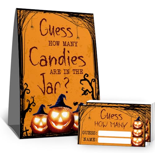 Kaimaloke Halloween-Party-Dekorationen, Guess How Many Game Cards Schild (1 stehendes Schild, 50 Ratekarten), Halloween-Partyzubehör, Süßes oder Saures, Kürbis-Halloween-Themen-Einsteckticket-70 von Kaimaloke