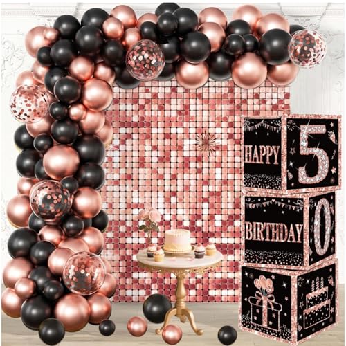 Roségoldene Dekoboxen zum 50. Geburtstag für Frauen – 3 Stück Happy 50th Balloons Boxen, 50 Jahre altes Partyzubehör, Geburtsmotiv-Dekorationen für Frauen (50. Geburtstag) von Kaimirui