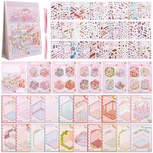 20 Sätze Sticker Scene 3D, Miniatur Haus Sticker mit 2 Pinzette DIY Cozy Little Home House Scene Miniatur Szenen Aufkleber Geschenk für Erwachsene und Kinder von Kaisibum